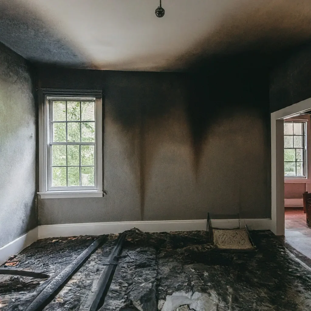 Bedroom affected by fire and smoke damage prior repair