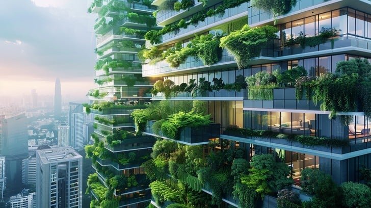 This photo captures the stunning architecture of a modern eco-friendly residential building, which is beautifully integrated with lush green plants and bushes on every balcony. Standing tall in the heart of a bustling city, this building represents a harmonious balance between urban living and nature preservation. The greenery on the balconies not only enhances the aesthetic appeal but also contributes to the environmental health of the urban area, providing a breath of fresh air amidst the concrete jungle.